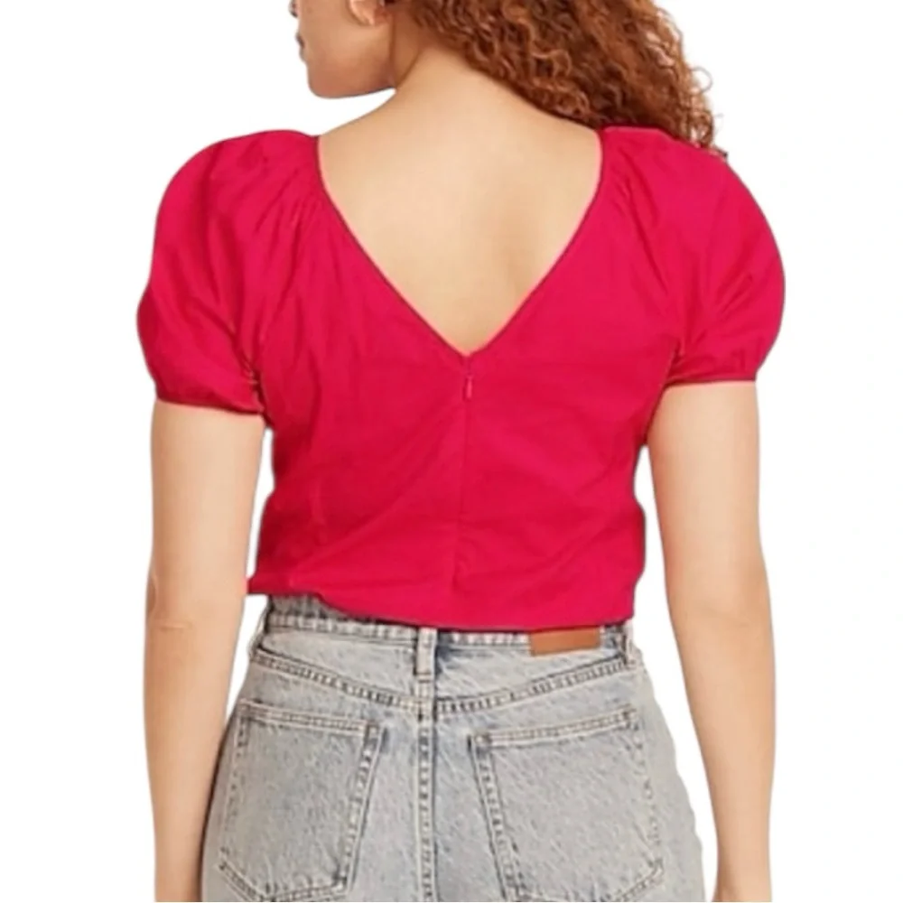 J Crew Magenta Rose V-back Zip Puff Sleeve Stretch Cotton Blend Poplin Blouse
